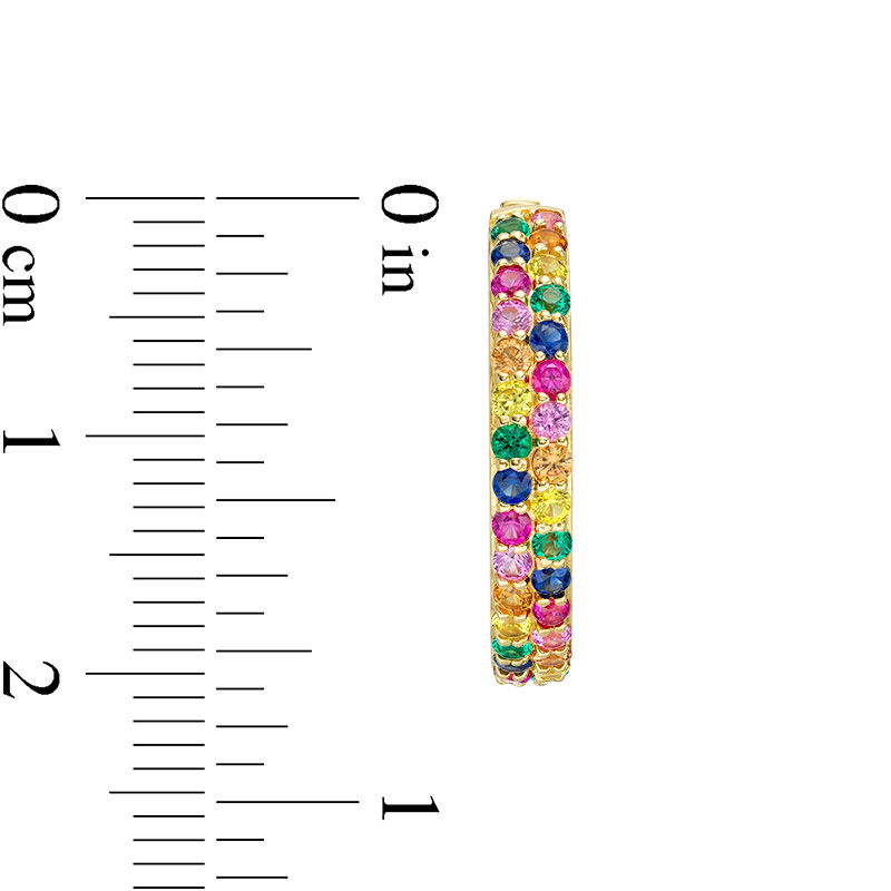 Main Image 3 of Lab-Created Multi-Color Sapphire, Ruby and Emerald Huggie Hoop Earrings in Sterling Silver with 18K Gold Plate