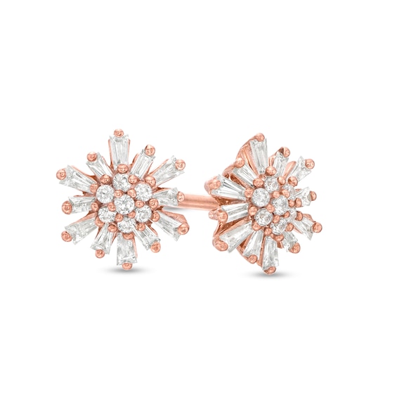 1/4 CT. T.w. Baguette and Round Diamond Sunburst Stud Earrings in 10K Rose Gold