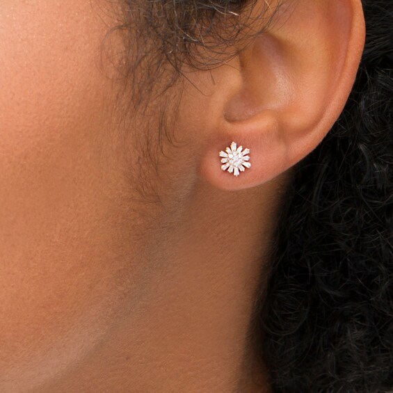 1/4 CT. T.w. Baguette and Round Diamond Sunburst Stud Earrings in 10K Rose Gold