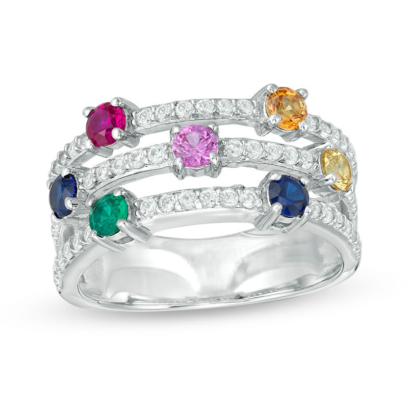 Main Image 1 of 3.0mm Lab-Created Multi-Color Sapphire, Ruby and Emerald Seven Stone Triple Row Orbit Ring in Sterling Silver