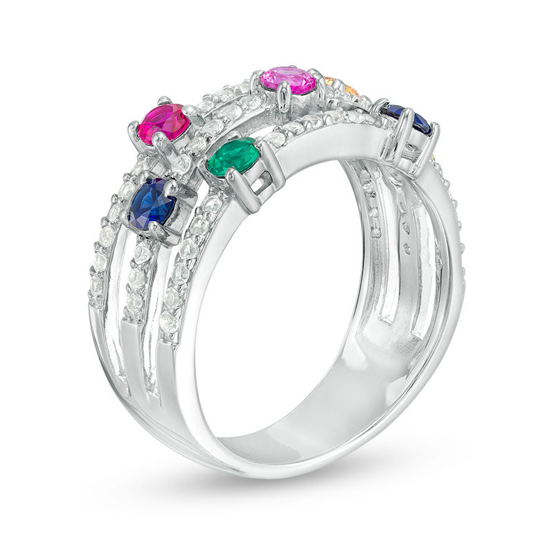 Main Image 3 of 3.0mm Lab-Created Multi-Color Sapphire, Ruby and Emerald Seven Stone Triple Row Orbit Ring in Sterling Silver