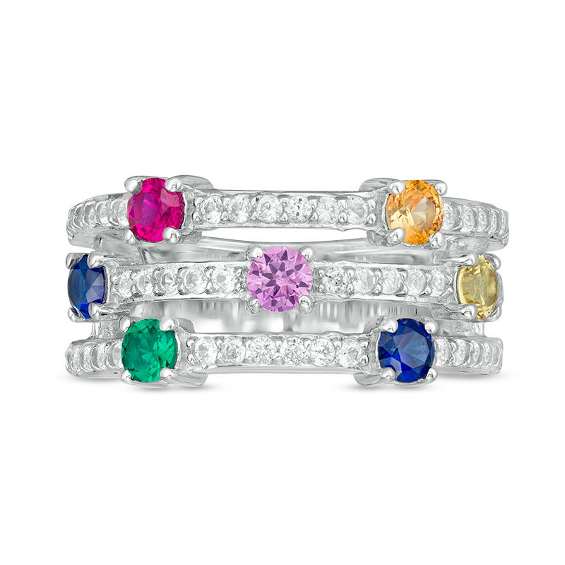 Main Image 4 of 3.0mm Lab-Created Multi-Color Sapphire, Ruby and Emerald Seven Stone Triple Row Orbit Ring in Sterling Silver