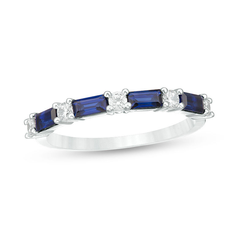 Baguette Lab-Created Blue Sapphire and 1/5 CT. T.W. Diamond Alternating Four Stone Ring in 10K White Gold