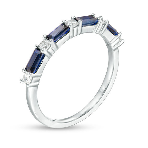 Baguette Lab-Created Blue Sapphire and 1/5 CT. T.w. Diamond Alternating Four Stone Ring in 10K White Gold