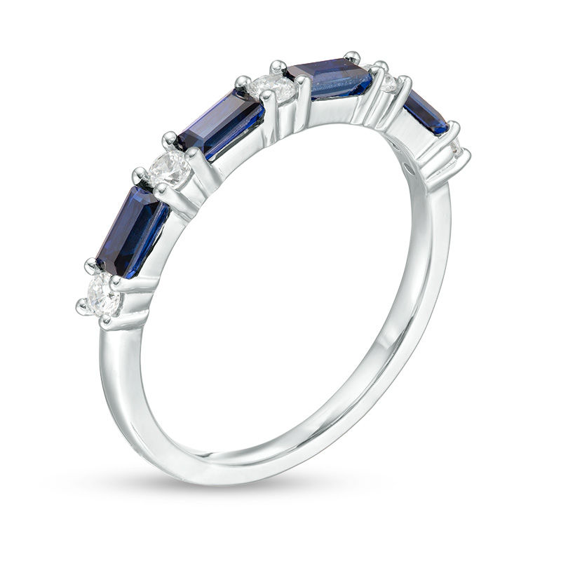 Baguette Lab-Created Blue Sapphire and 1/5 CT. T.W. Diamond Alternating Four Stone Ring in 10K White Gold