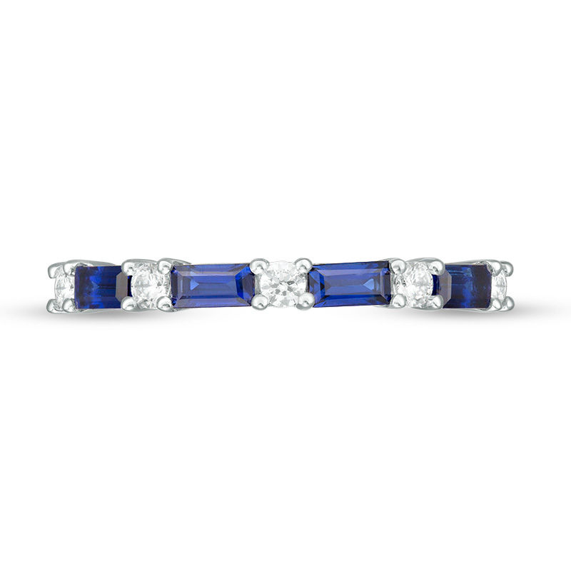 Baguette Lab-Created Blue Sapphire and 1/5 CT. T.W. Diamond Alternating Four Stone Ring in 10K White Gold