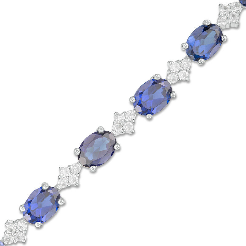 Oval Lab-Created Blue and White Sapphire Cluster Line Bracelet in ...
