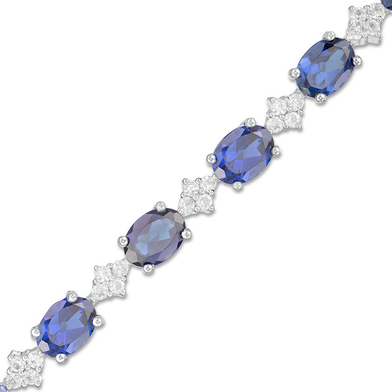 Oval Lab-Created Blue and White Sapphire Cluster Line Bracelet in Sterling Silver - 7.25"