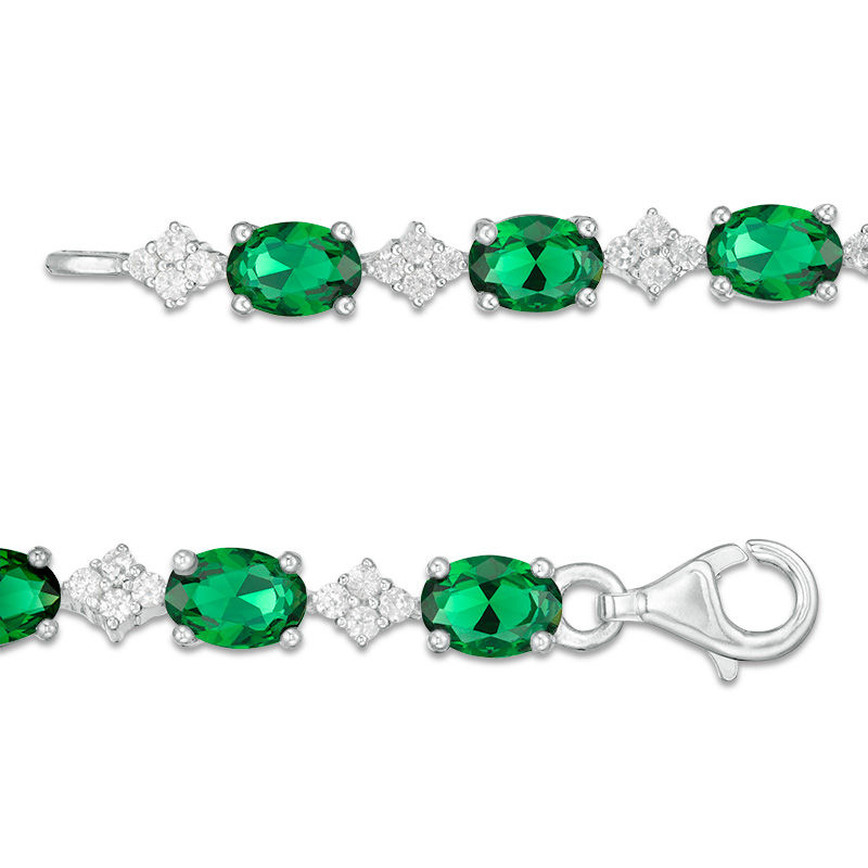 Oval Lab-Created Emerald and White Sapphire Cluster Line Bracelet in Sterling Silver - 7.25"