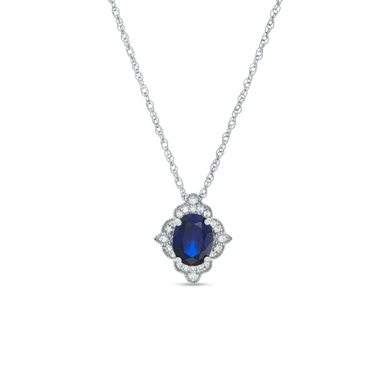 Oval Lab-Created Blue and White Sapphire Scallop Frame Vintage-Style Pendant in Sterling Silver Oval Lab-Created Blue and White Sapphire Scallop Frame Vintage-Style Pendant in Sterling Silver