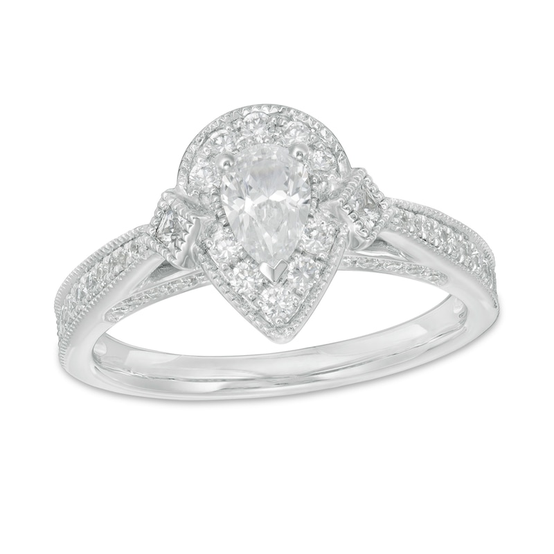 Main Image 1 of 1 CT. T.W. Pear-Shaped Diamond Frame Vintage-Style Pinched Shank Engagement Ring in 14K White Gold