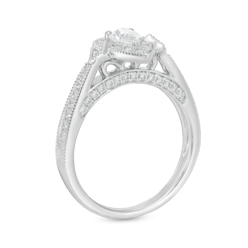 Main Image 3 of 1 CT. T.W. Pear-Shaped Diamond Frame Vintage-Style Pinched Shank Engagement Ring in 14K White Gold