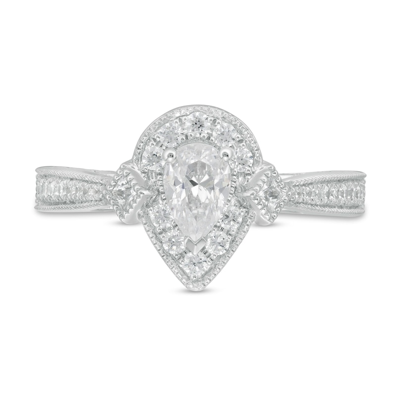 Main Image 4 of 1 CT. T.W. Pear-Shaped Diamond Frame Vintage-Style Pinched Shank Engagement Ring in 14K White Gold