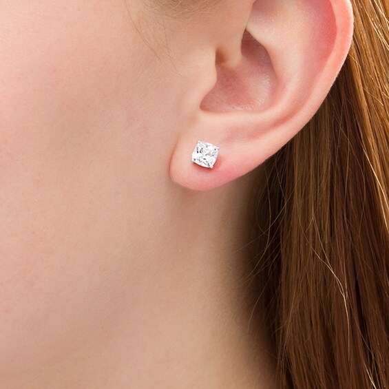 5.0mm Cushion-Cut Lab-Created White Sapphire Solitaire Stud Earrings in Sterling Silver