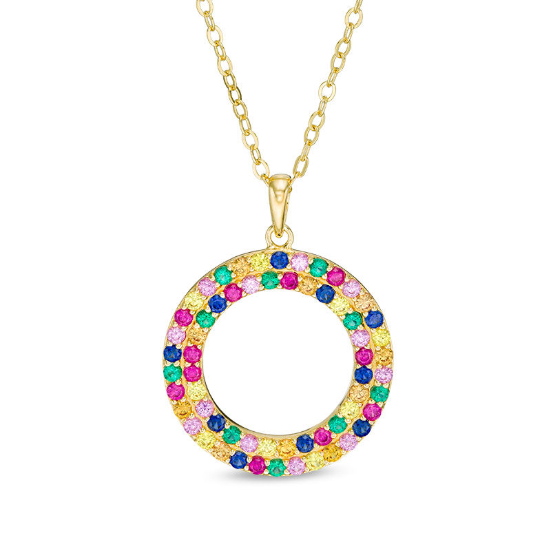 Main Image 1 of Lab-Created Multi-Color Sapphire, Ruby and Emerald Open Double Circle Pendant in Sterling Silver with 18K Gold Plate