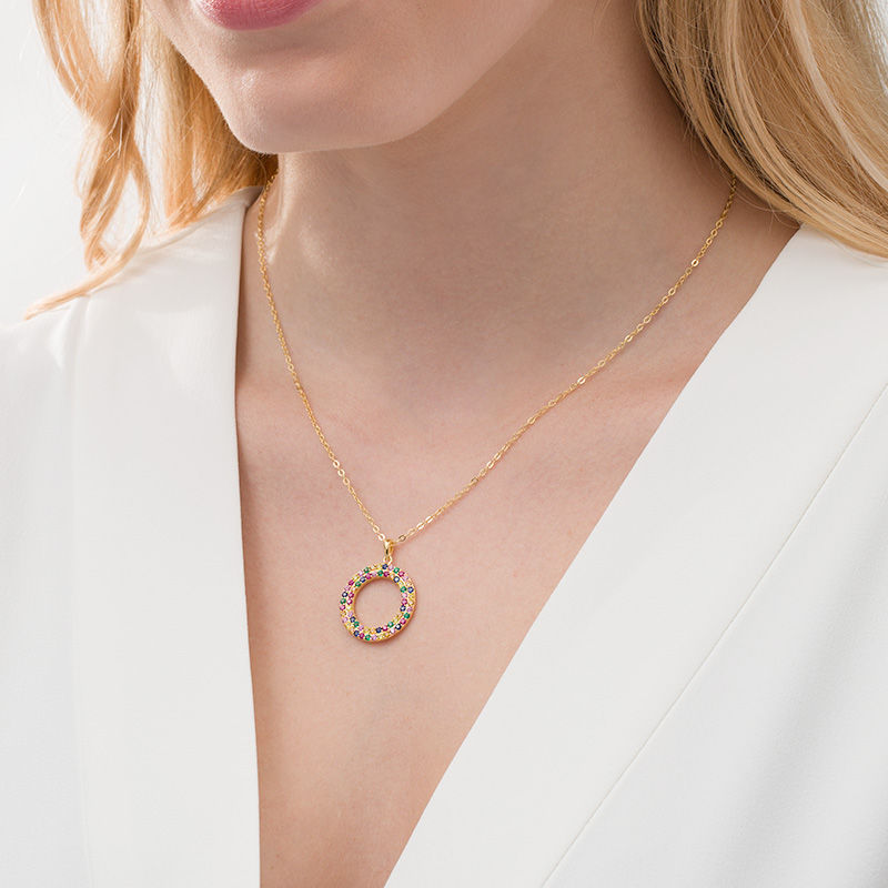 Main Image 2 of Lab-Created Multi-Color Sapphire, Ruby and Emerald Open Double Circle Pendant in Sterling Silver with 18K Gold Plate