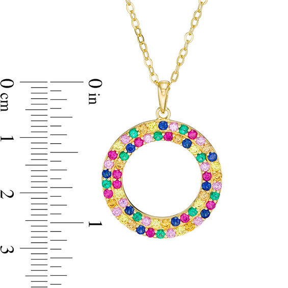 Lab-Created Multi-Color Sapphire, Ruby and Emerald Open Double Circle Pendant in Sterling Silver with 18K Gold Plate Lab-Created Multi-Color Sapphire, Ruby and Emerald Open Double Circle Pendant in Sterling Silver with 18K Gold Plate