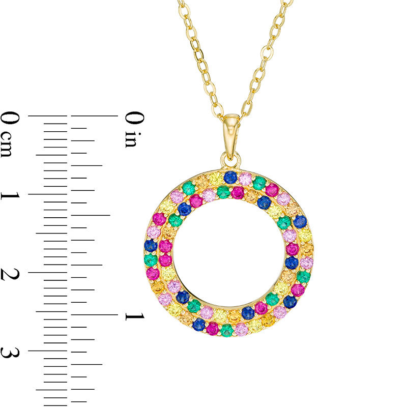 Main Image 3 of Lab-Created Multi-Color Sapphire, Ruby and Emerald Open Double Circle Pendant in Sterling Silver with 18K Gold Plate