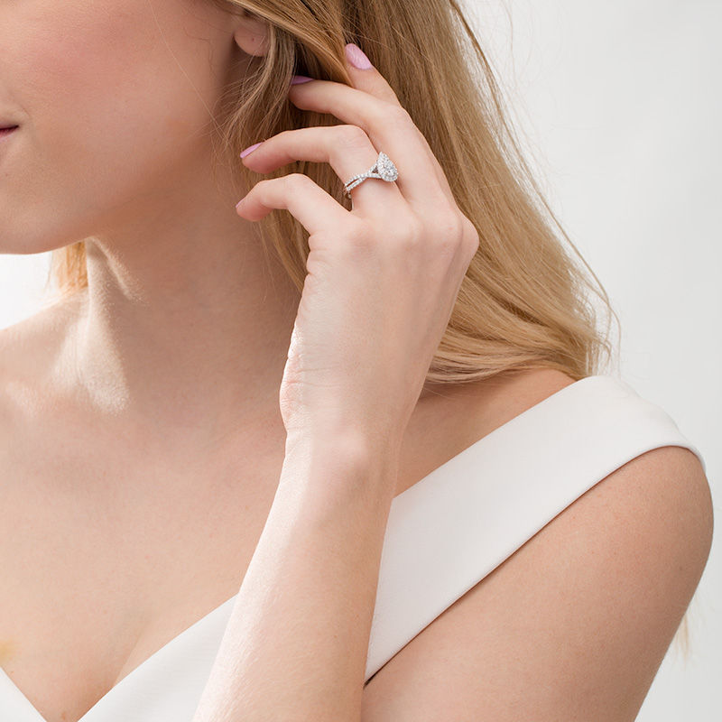 Main Image 2 of 1-1/4 CT. T.W. Composite Diamond Pear-Shaped Frame Twist Shank Engagement Ring in 14K White Gold