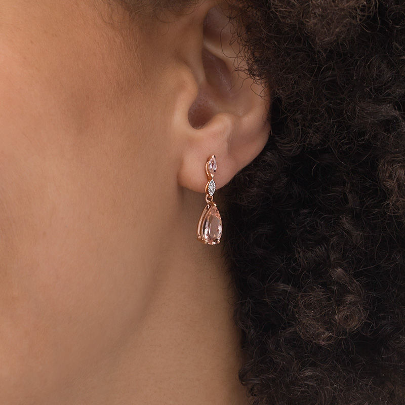Main Image 2 of Pear-Shaped and Marquise Morganite with Diamond Accent Vintage-Style Double Drop Earrings in 10K Rose Gold