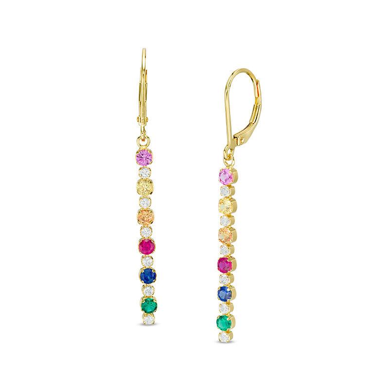 Main Image 1 of Lab-Created Multi-Color Sapphire, Ruby and Emerald Linear Drop Earrings in Sterling Silver with 18K Gold Plate