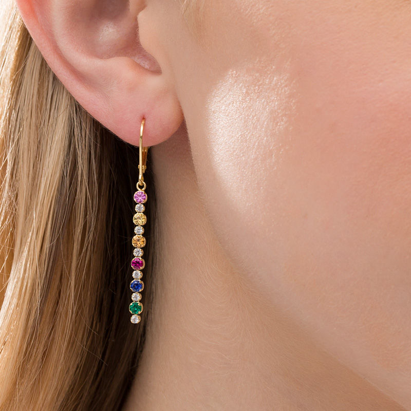 Main Image 2 of Lab-Created Multi-Color Sapphire, Ruby and Emerald Linear Drop Earrings in Sterling Silver with 18K Gold Plate