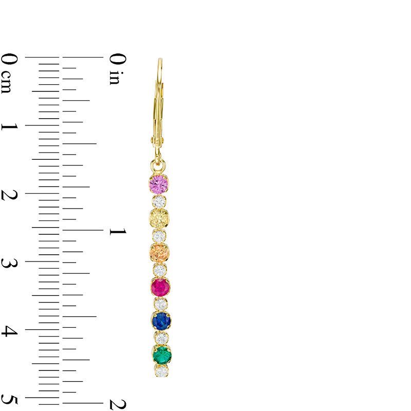 Main Image 3 of Lab-Created Multi-Color Sapphire, Ruby and Emerald Linear Drop Earrings in Sterling Silver with 18K Gold Plate