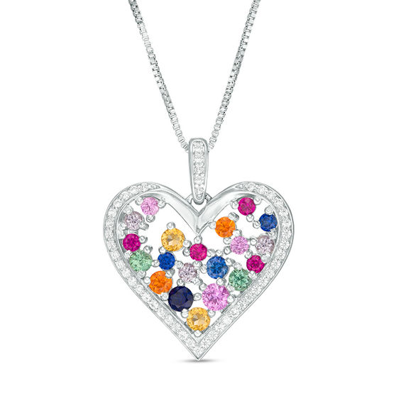 Lab-Created Multi-Color Sapphire and Ruby Scatter Heart Drop Pendant in Sterling Silver