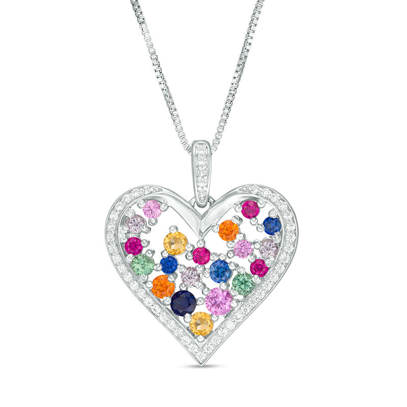 Main Image 1 of Lab-Created Multi-Color Sapphire and Ruby Scatter Heart Drop Pendant in Sterling Silver