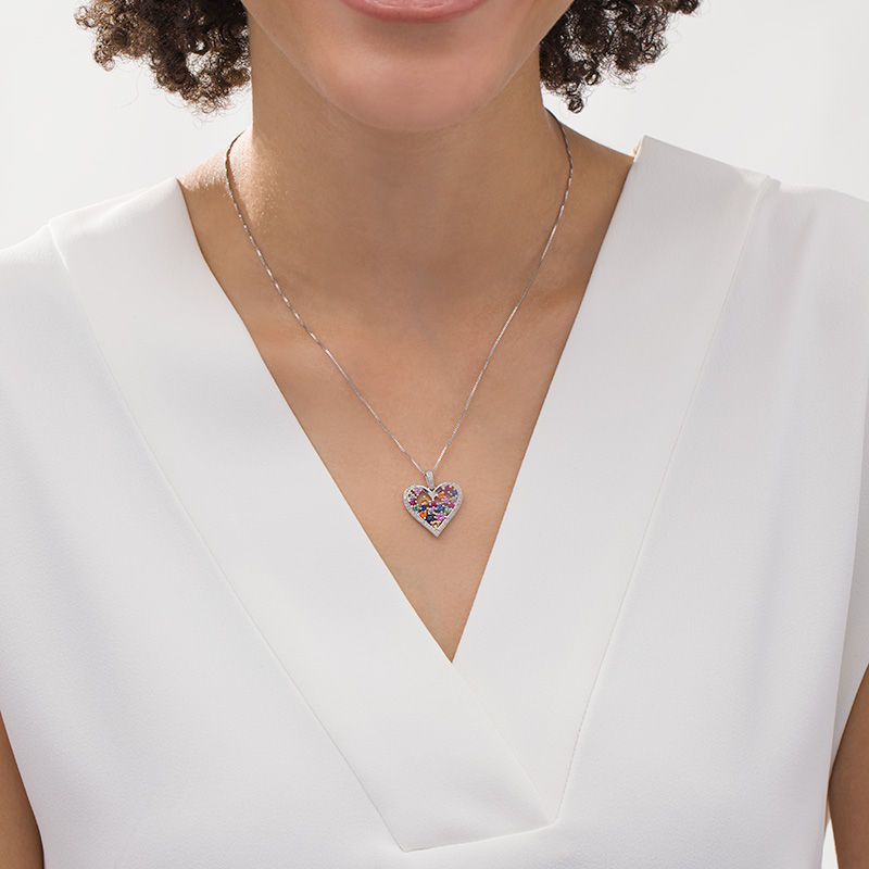 Main Image 2 of Lab-Created Multi-Color Sapphire and Ruby Scatter Heart Drop Pendant in Sterling Silver