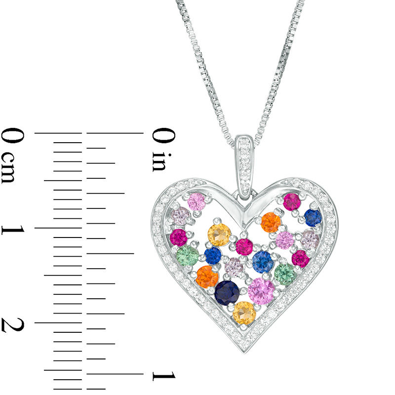 Main Image 3 of Lab-Created Multi-Color Sapphire and Ruby Scatter Heart Drop Pendant in Sterling Silver