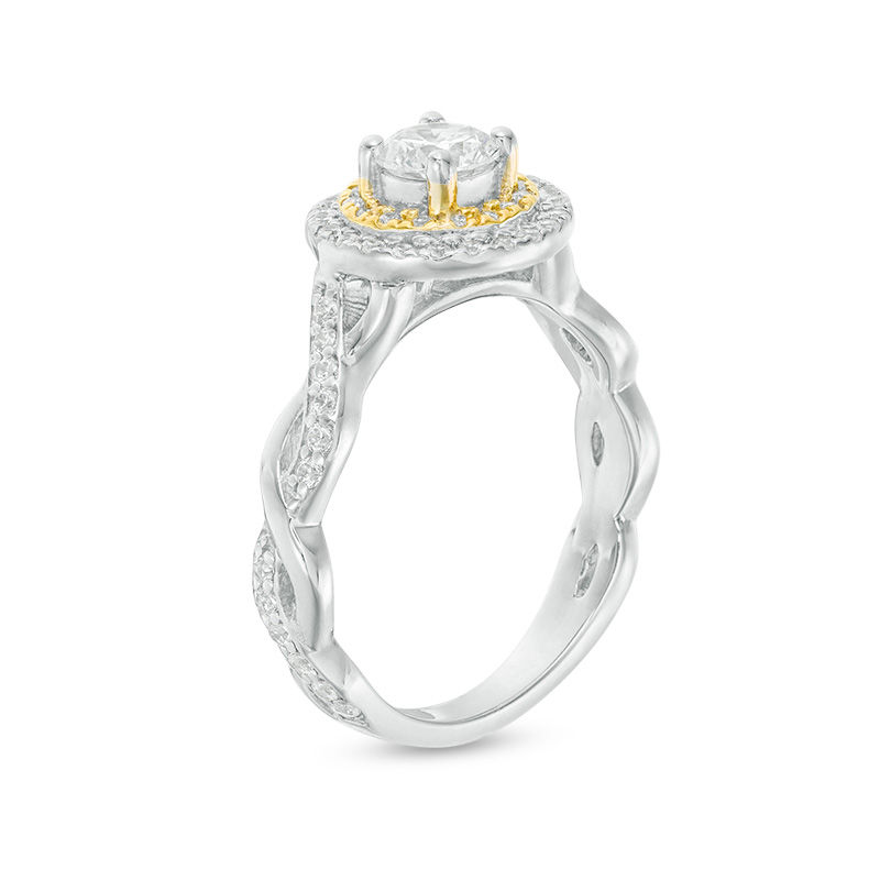 7/8 CT. T.W. Diamond Double Frame Twist Shank Engagement Ring in Platinum and 18K Gold (I/SI2)