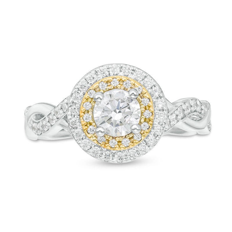7/8 CT. T.W. Diamond Double Frame Twist Shank Engagement Ring in Platinum and 18K Gold (I/SI2)