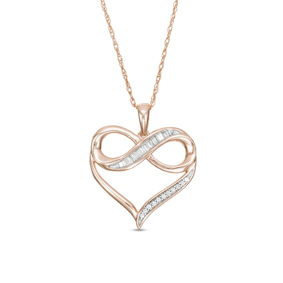 1/10 CT. T.W. Baguette and Round Diamond Heart Outline with Infinity Pendant in 10K Rose Gold 1/10 CT. T.W. Baguette and Round Diamond Heart Outline with Infinity Pendant in 10K Rose Gold