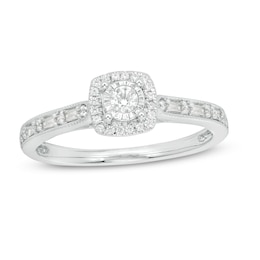 1/4 CT. T.W. Baguette and Round Diamond Cushion Frame Vintage-Style Promise Ring in 10K White Gold