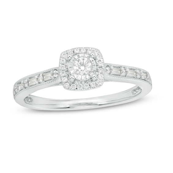 1/4 CT. T.w. Baguette and Round Diamond Cushion Frame Vintage-Style Promise Ring in 10K White Gold