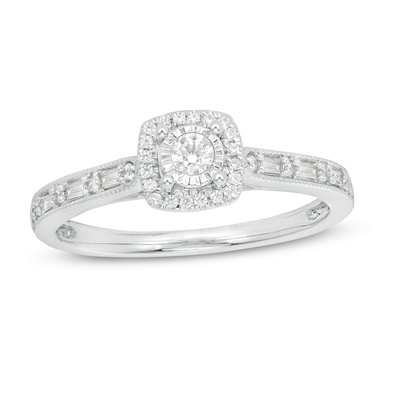 Main Image 1 of 1/4 CT. T.W. Baguette and Round Diamond Cushion Frame Vintage-Style Promise Ring in 10K White Gold