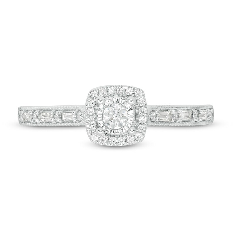 Main Image 4 of 1/4 CT. T.W. Baguette and Round Diamond Cushion Frame Vintage-Style Promise Ring in 10K White Gold