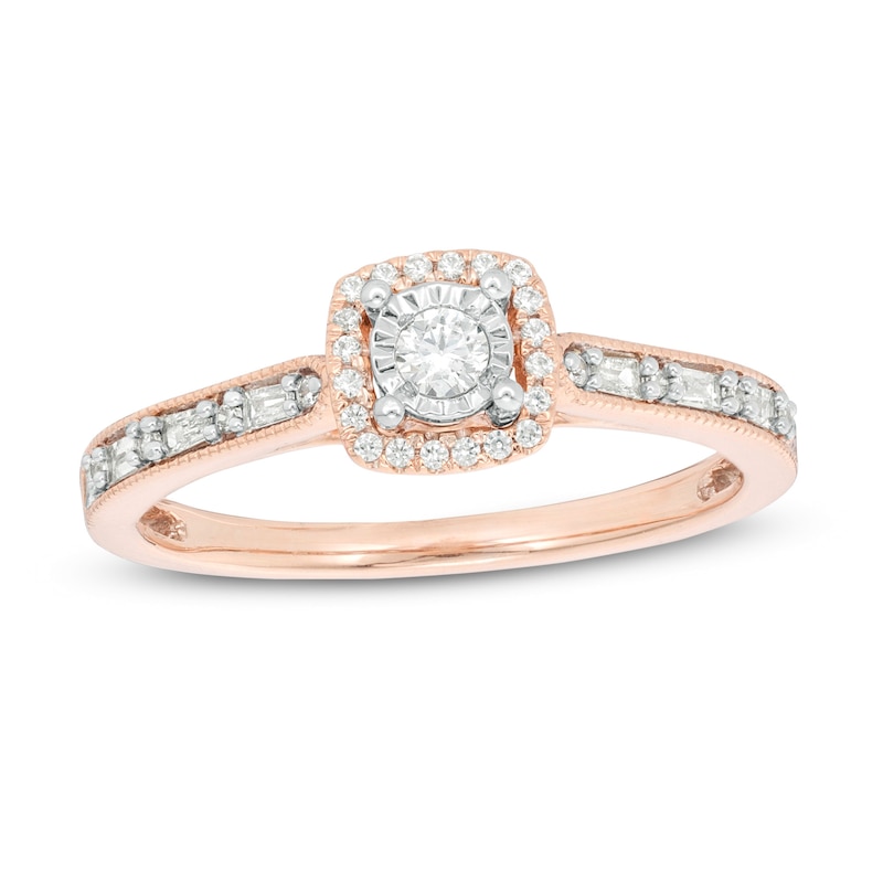 Main Image 1 of 1/4 CT. T.W. Baguette and Round Diamond Cushion Frame Vintage-Style Promise Ring in 10K Rose Gold