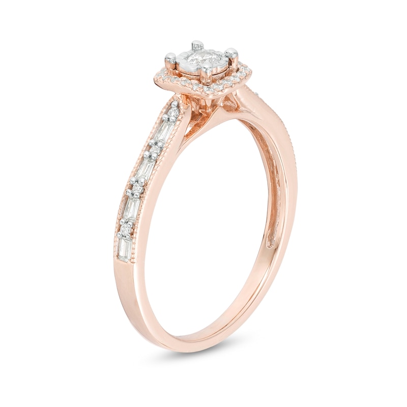 Main Image 3 of 1/4 CT. T.W. Baguette and Round Diamond Cushion Frame Vintage-Style Promise Ring in 10K Rose Gold
