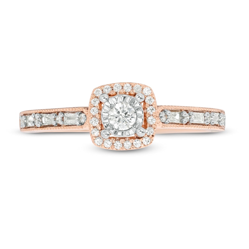 Main Image 4 of 1/4 CT. T.W. Baguette and Round Diamond Cushion Frame Vintage-Style Promise Ring in 10K Rose Gold