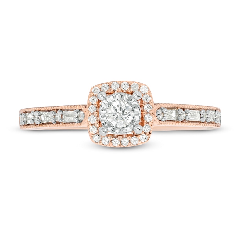 1/4 CT. T.W. Baguette and Round Diamond Cushion Frame Vintage-Style Promise Ring in 10K Rose Gold