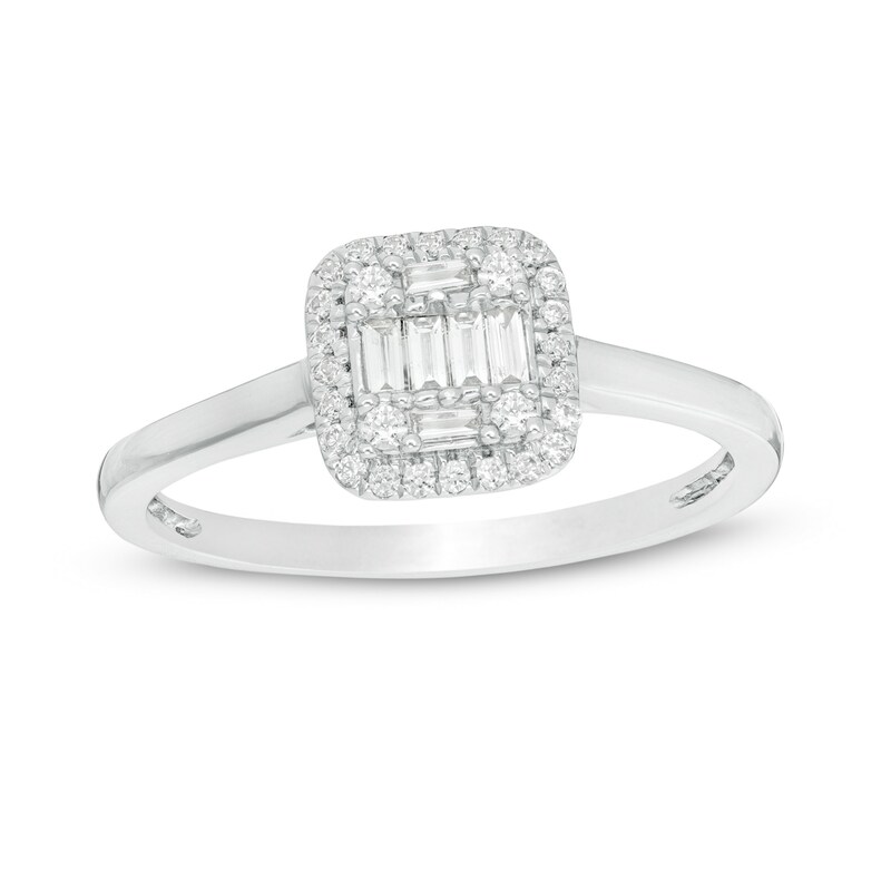 1/4 CT. T.W. Baguette and Round Diamond Cushion Frame Promise Ring in 10K White Gold