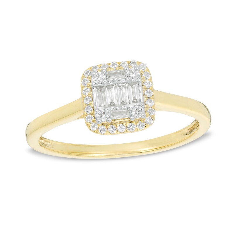 1/4 CT. T.W. Baguette and Round Diamond Cushion Frame Promise Ring in 10K Gold