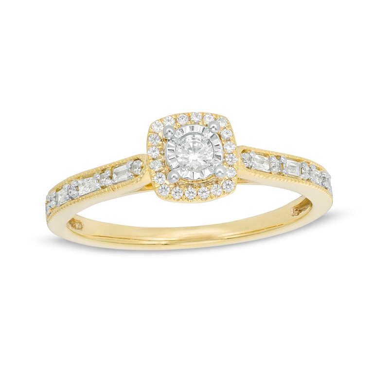 Main Image 1 of 1/4 CT. T.W. Baguette and Round Diamond Cushion Frame Vintage-Style Promise Ring in 10K Gold