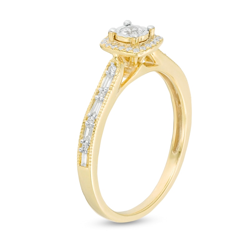 Main Image 3 of 1/4 CT. T.W. Baguette and Round Diamond Cushion Frame Vintage-Style Promise Ring in 10K Gold