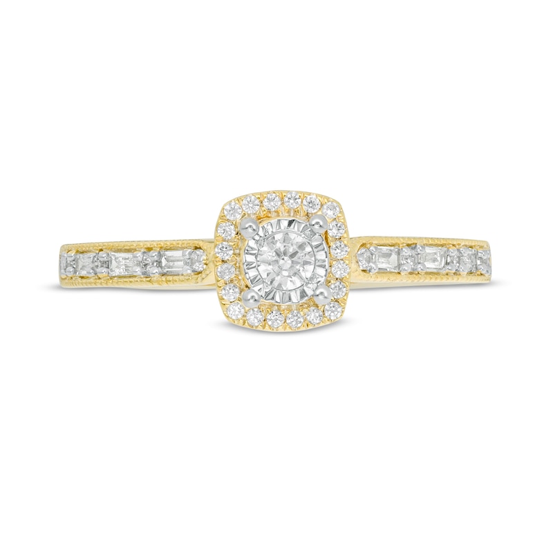 Main Image 4 of 1/4 CT. T.W. Baguette and Round Diamond Cushion Frame Vintage-Style Promise Ring in 10K Gold