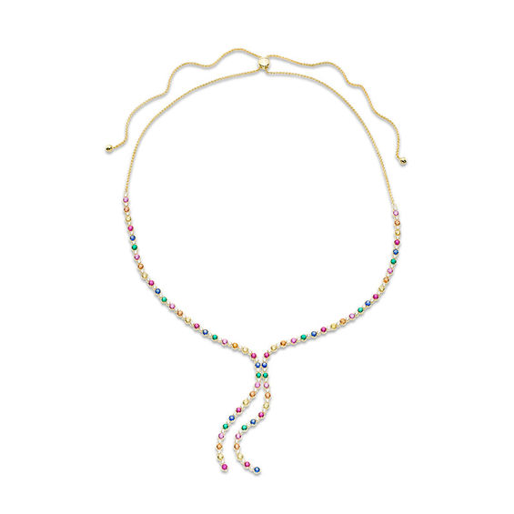 Lab-Created Multi-Color Sapphire, Ruby and Emerald Bolo Necklace in Sterling Silver with 18K Gold Plate - 26"
