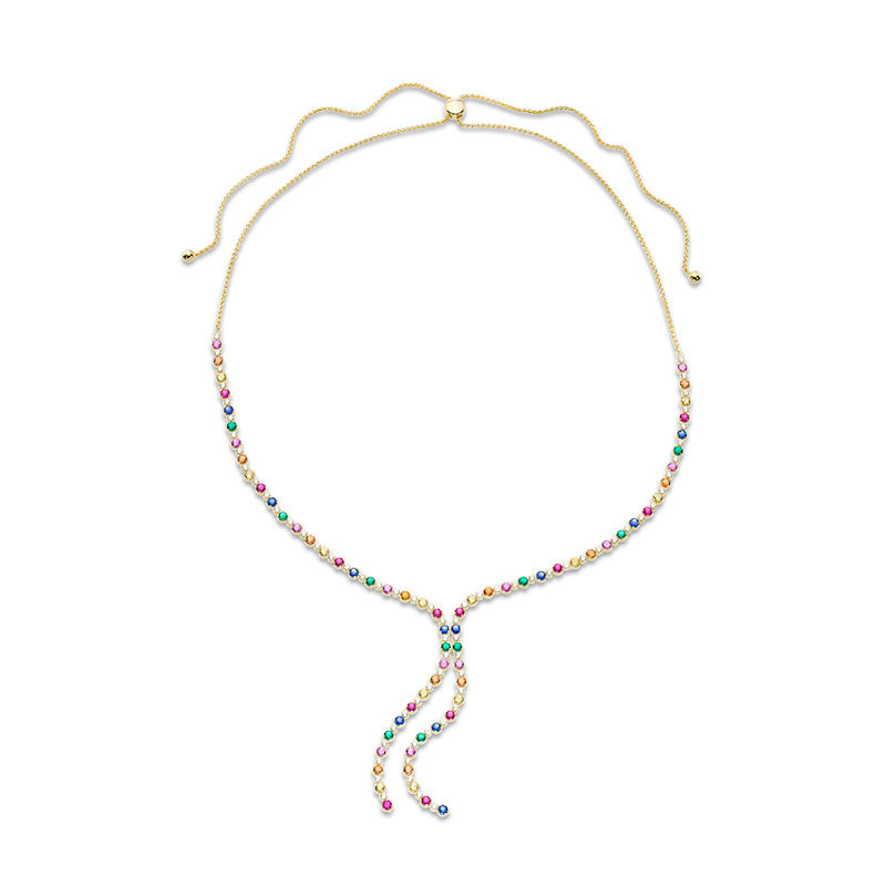 Main Image 1 of Lab-Created Multi-Color Sapphire, Ruby and Emerald Bolo Necklace in Sterling Silver with 18K Gold Plate - 26"