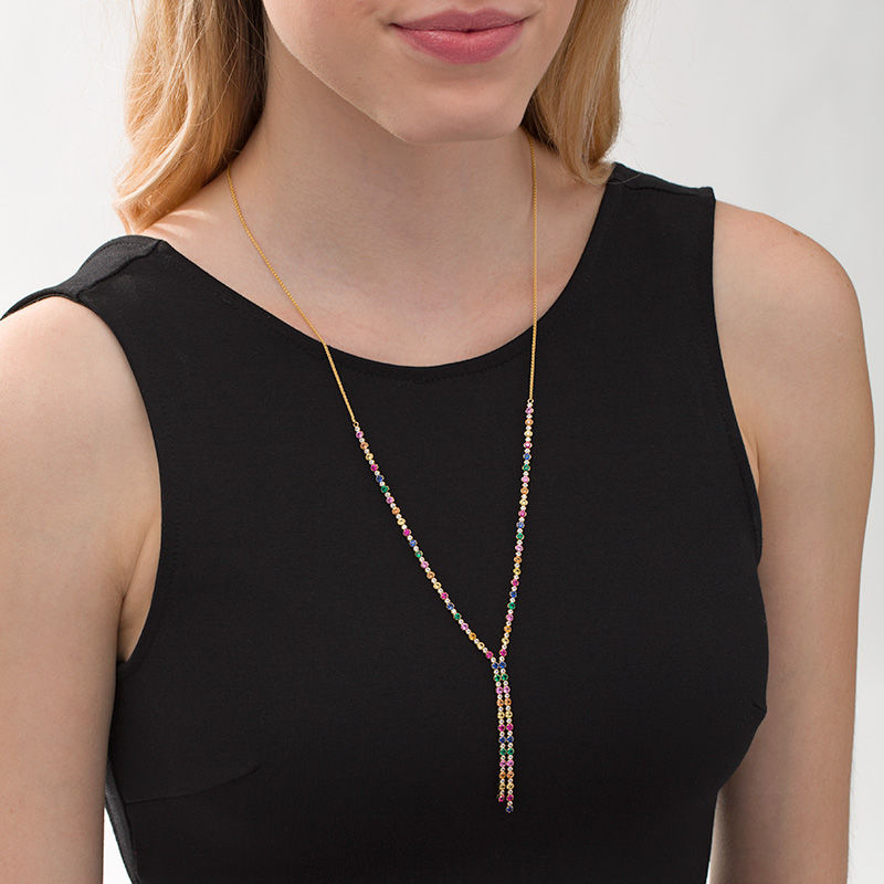 Main Image 2 of Lab-Created Multi-Color Sapphire, Ruby and Emerald Bolo Necklace in Sterling Silver with 18K Gold Plate - 26"
